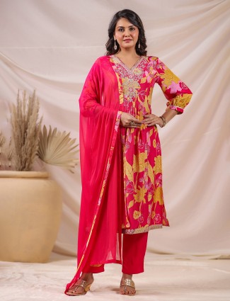 Pink blossom cotton kurti set with dupatta