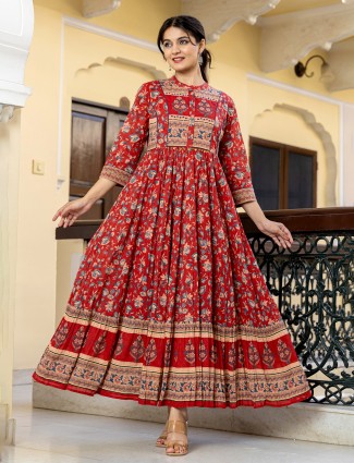 Red glow printed kurti with stand collar