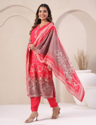 Red aura printed kurti set with dupatta