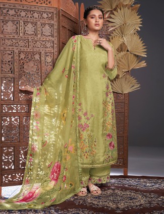 Olive silk printed palazzo suit with dupatta