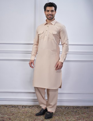Cream votton pathani suit for festive wear
