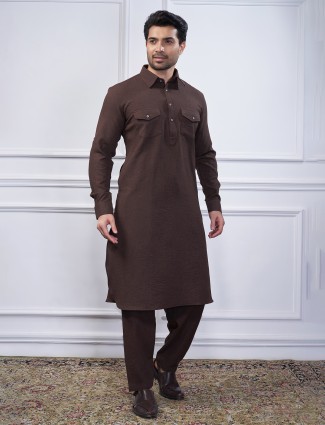 Dark brown cotton pathani suit for men