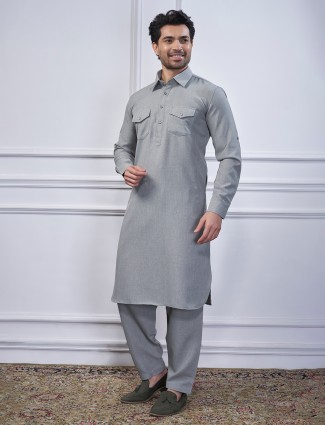 Grey cotton pathani kurta suit for festive wear