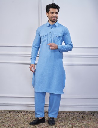 Light blue cotton pathani suit for men