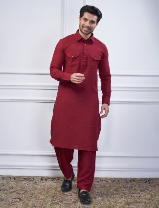 Maroon cotton festival pathani kurta suit