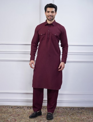 Wine plain cotton pathani kurta set