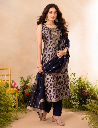  Navy blue embroidered silk festive ensemble salwar suit