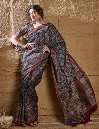 Festive blue bhagalpuri silk saree with vibrant ethnic print