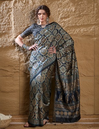 Elegant dark blue bhagalpuri silk saree with artisan prints