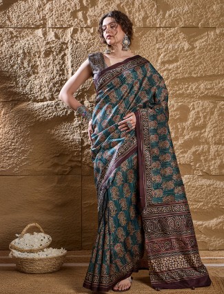 Timeless dark green woven silk saree in bhagalpuri style