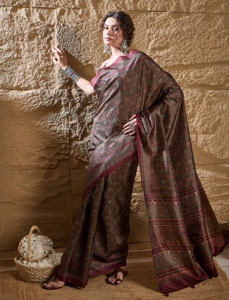 Olive bhagalpuri silk saree featuring heritage ajrakh print