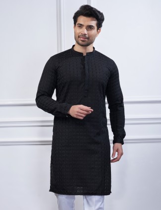 Stunning black embroidery cotton kurta suit