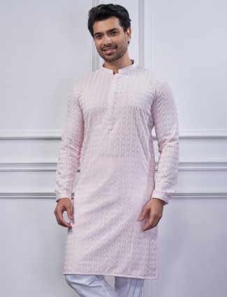 Cotton embroidery kurta suit in light pink