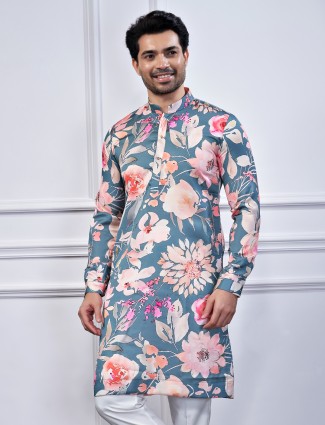 Cotton pastel grey printed kurta suit