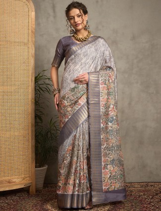 Silver bhagalpuri silk  saree with unstitched blouse