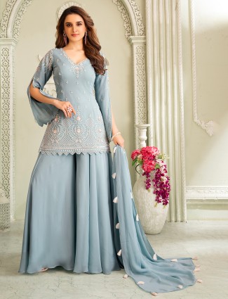 Grey georgette designer palazzo suit with full sleeves and stone work