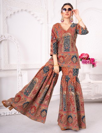 Multicolor pakistani silk sharara suit with heavy zardosi embroidery