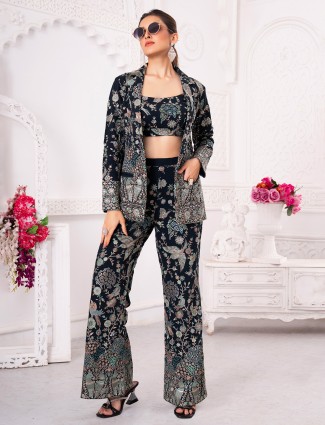 Navy cotton silk jacket style palazzo suit with embroidery