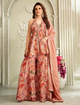 Pastel peach silk sharara suit with designer print detailing