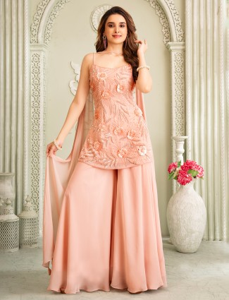 Peach georgette palazzo suit featuring bead and sequin accents