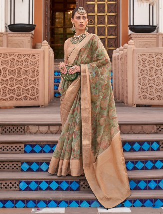 Green organza saree with artistic wedding flair