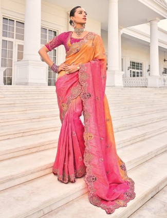 Orange and rani crape saree for festivities