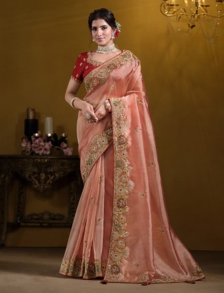 Tissue silk pastel orange saree with embellishments