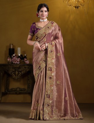 Pastel wine georgette saree for wedding wear