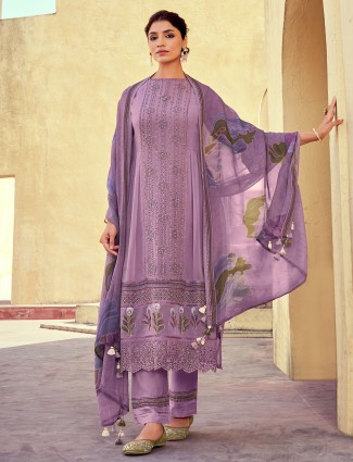 Lilac purple organza printed salwar suit