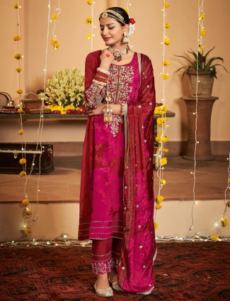 Maroon printed silk salwar suit for festive wear