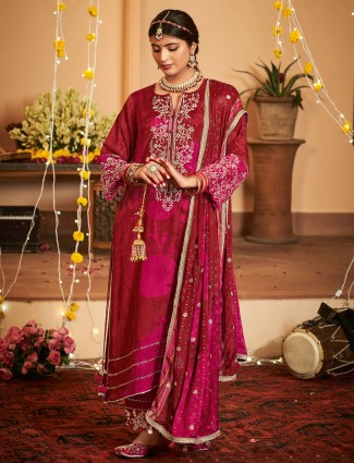 Maroon silk wedding wear salwar suit with print