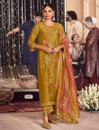 Olive silk salwar suit with embroidery work