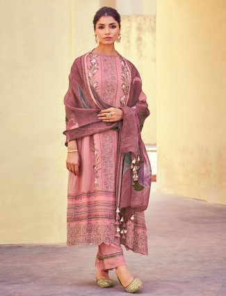 Onion pink printed organza salwar suit