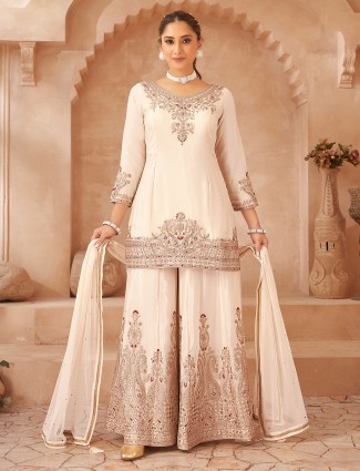 Cream colored pakistani silk palazzo suit for women