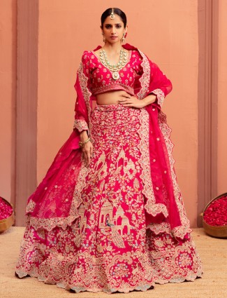 Magenta bridal lehenga choli with elbow sleeve blouse