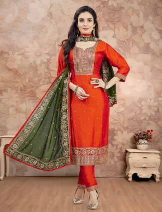 Orange embroidered silk salwar featuring resham accents