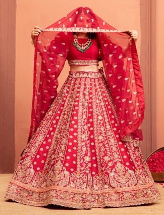 Pink raw silk lehenga choli with resham detailing