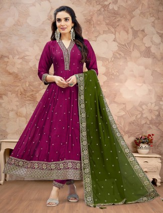 Wine colored silk salwar adorned with resham detailing