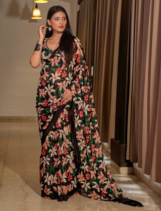 Printed black party wear saree in georgette for women