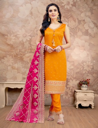 Orange silk straight suit for grand weddings