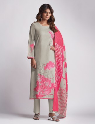 Grey printed linen cotton salwar suit for women