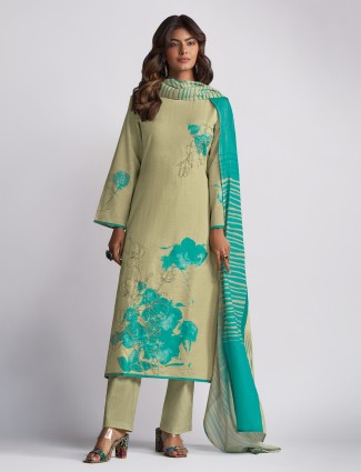 Light olive printed linen cotton salwar suit