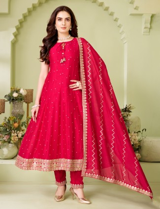 Magenta straight cut silk suit with dupatta