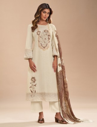 Off white and brown cotton silk salwar suit