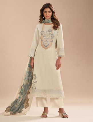 Off white and grey cotton silk salwar suit for women