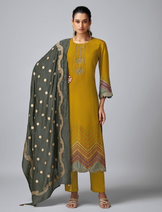 Olive printed tussar silk salwar suit for festive wear