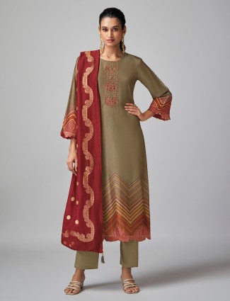 Pastel olive printed tussar silk salwar suit for women