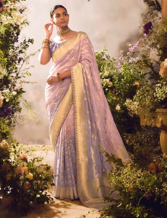 Purple banarasi tissue saree with stones and resham