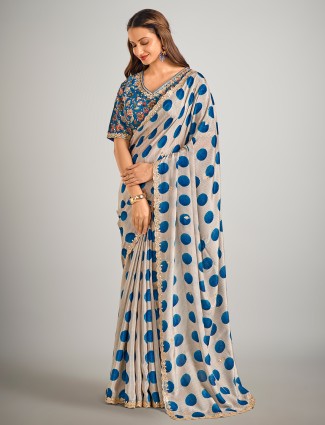 Beige and blue crepe silk party wear saree