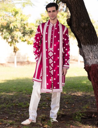 Magenta wedding wear embroidered kurts suit